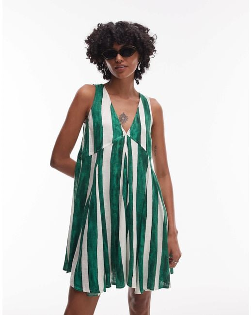 TOPSHOP Green Linen Trapeze Mini Dress