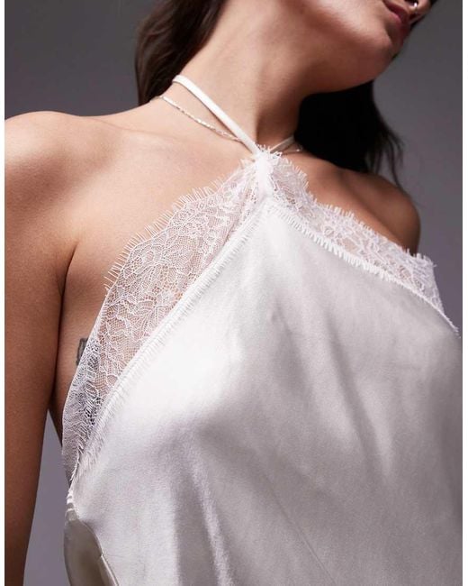TOPSHOP Gray Satin Halter With Lace Trim