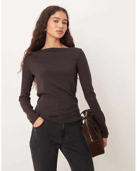 Mango Brown Boat Neck Long Sleeve Top