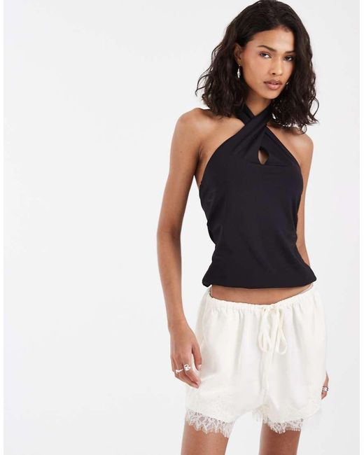 Pieces Black Halter Neck Twist Front Slinky Top
