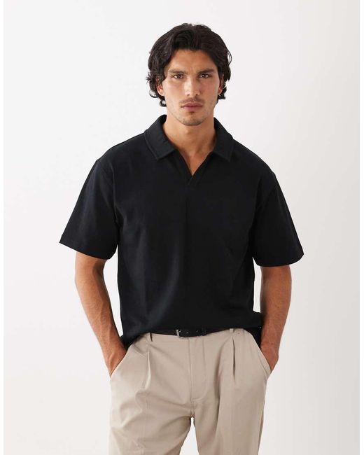 ASOS Black Circular Design Collection Super Heavyweight Relaxed Revere Polo for men