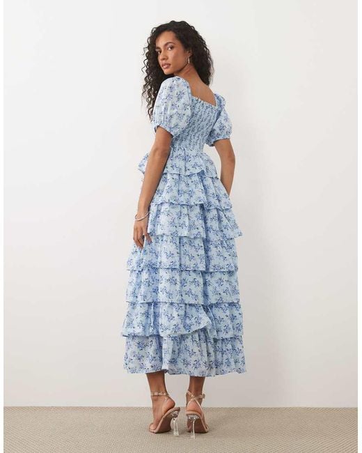 Y.A.S Blue Ditsy Floral Puff Sleeve Ruffle Maxi Dress
