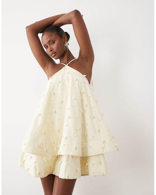 ASOS Natural Halter Neck Mini Dress With Pearl Embellished Beads