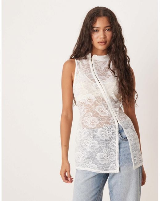 ASOS White Sheer Lace Hook And Eye Longline Top