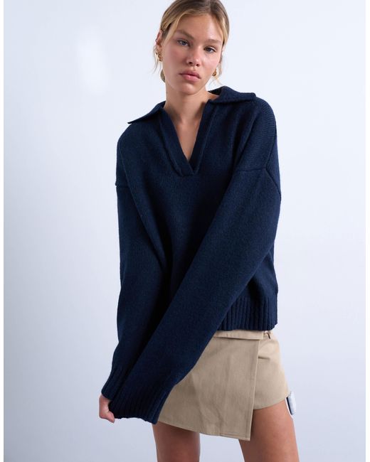 TOPSHOP Blue Knitted V Neck Collar Jumper