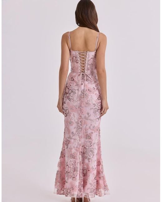House Of Cb Pink Naima Hand Beaded Embellished Corset Maxi Dress