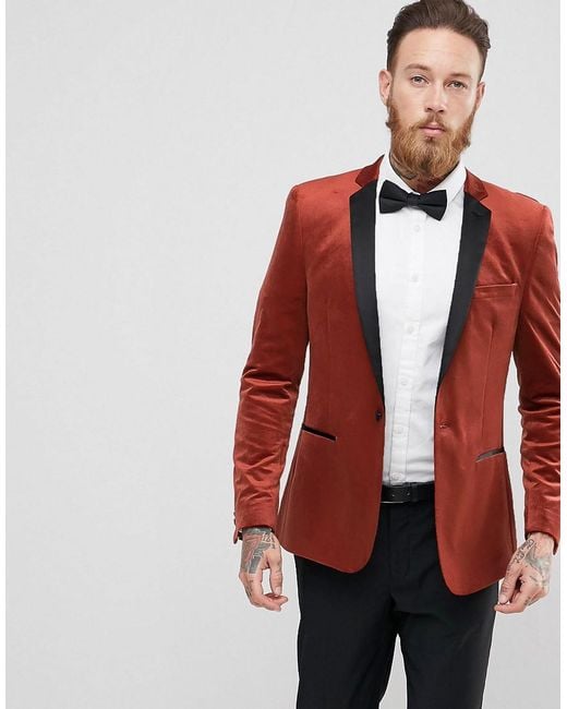 ASOS Red Skinny Blazer In Rust Velvet for men