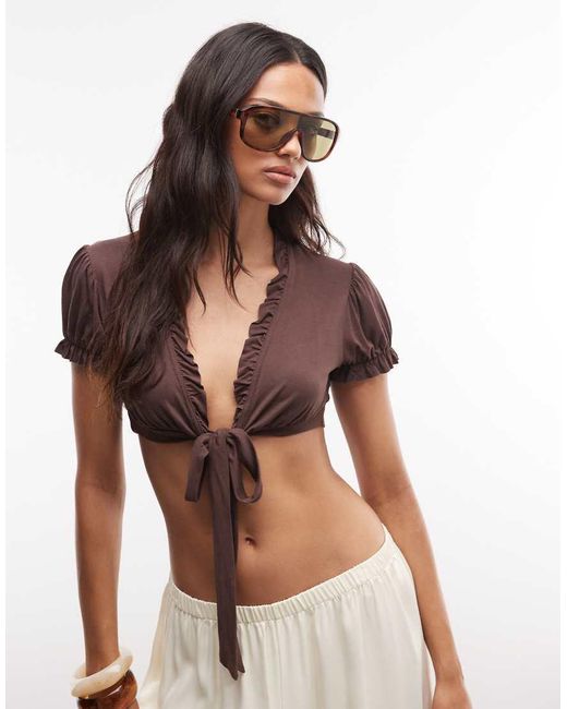 Reclaimed Vintage Brown Tie Front Cropped Top