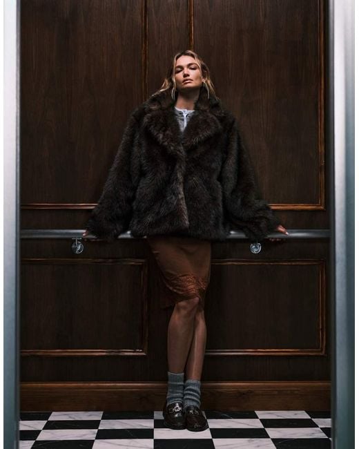 Monki Black Oversized Short Faux Fur Coat With Collar Detail