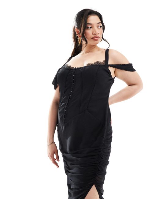 ASOS Black Asos Design Curve Corset Lace Chiffon Mix Panelled Milkmaid Midi Dress