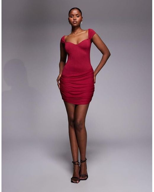 Oh Polly Red Sweetheart Neckline Drape Skirt Mini Dress