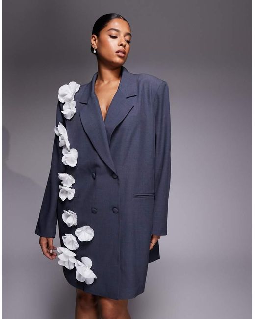 ASOS Blue Curve Blazer Dress With 3d Floral Detail