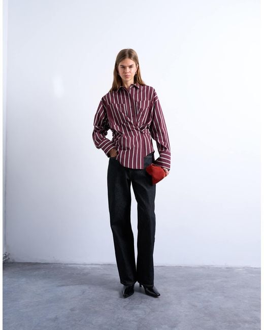 TOPSHOP Purple Asymmetric Placket Waisted Long Sleeve Cinched Shirt