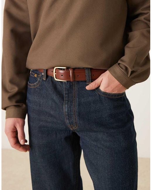 ASOS Blue Smart Leather Belt With Gold Buckle for men