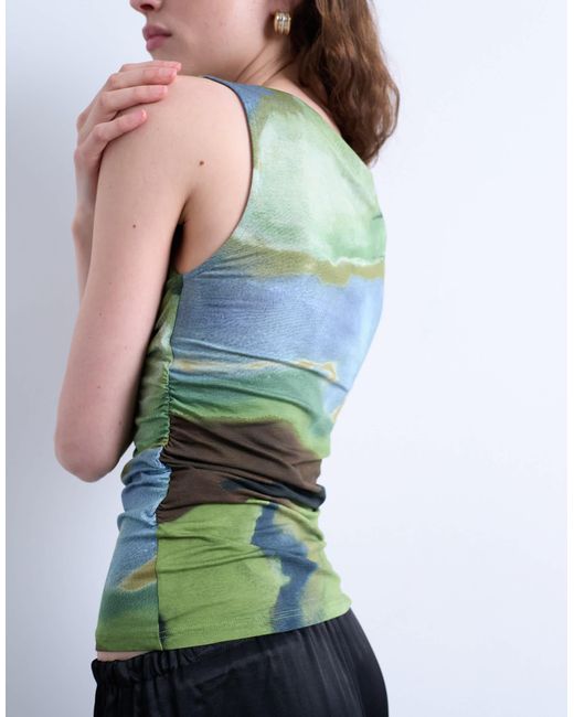TOPSHOP Green Abstract Print Ruched Side Tank