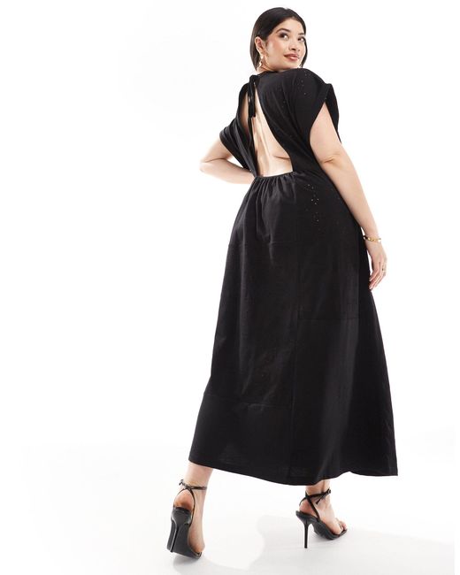 ASOS Black Asos Design Curve V Neck Short Sleeve Broderie Midi Dress
