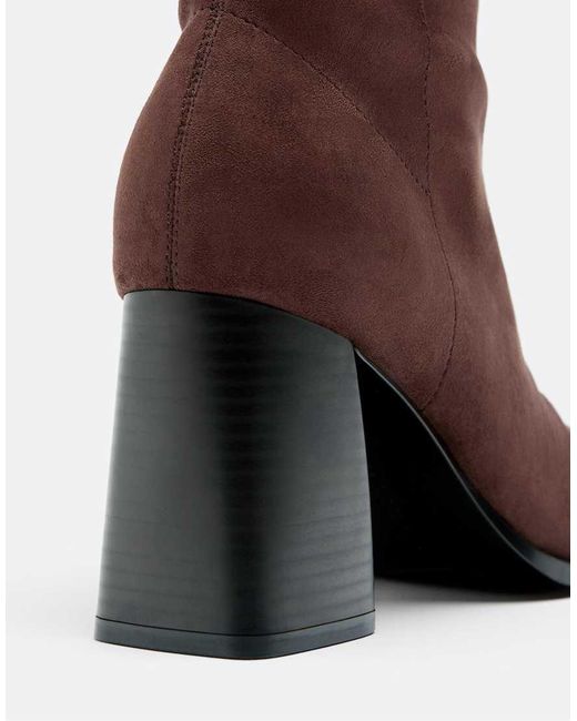 Stradivarius Brown Faux Suede Block Heel Ankle Boots