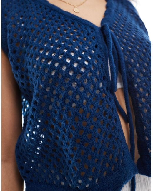 Pieces Blue Crochet Tie Front Vest Top