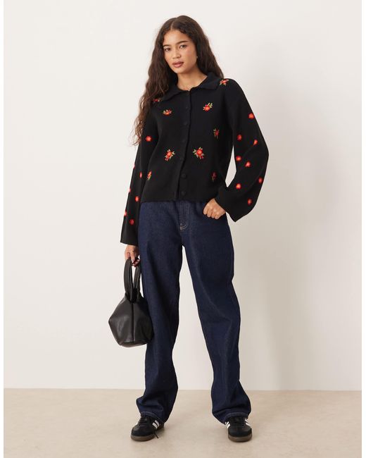 Nobody's Child Black Embroidered Button Up Cardigan With Scallop Collar