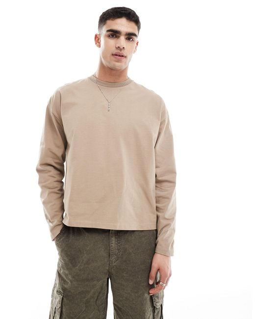 ASOS Natural Heavyweight Long Sleeved Boxy Cropped Oversized T-shirt for men