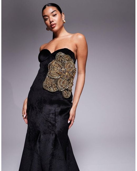 ASOS Blue Structured Velvet Godet Maxi Dress With Floral Embellishment