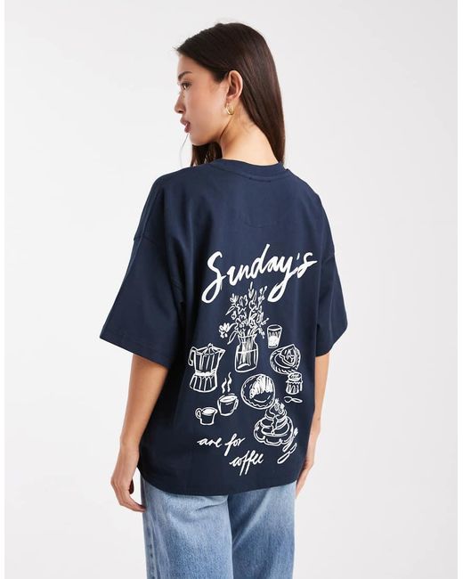 4th & Reckless Blue Cotton Rich Embroidered Logo 'sunday' Back Graphic Oversized T-shirt