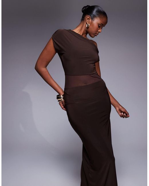 Kaiia Purple Exclusive Double Layered Slinky Drape Off Shoulder Sheer Mesh Panel Maxi Dress