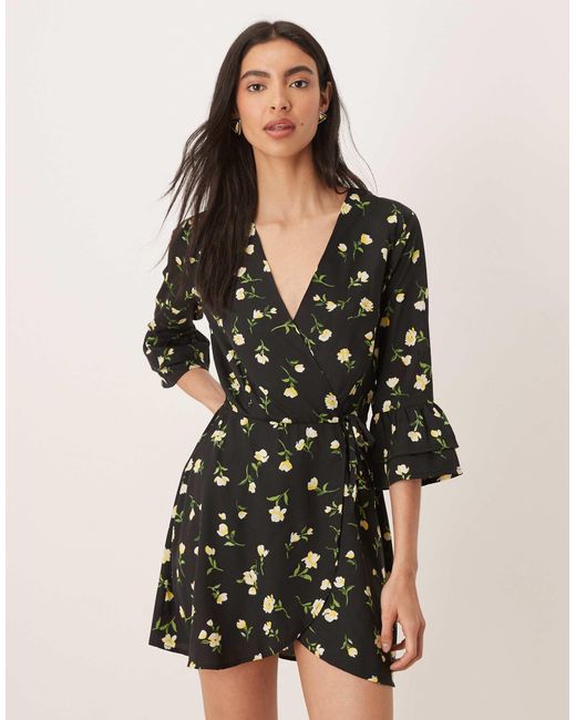 Wednesday's Girl Wrap Around Long Sleeve Mini Dress in Natural | Lyst