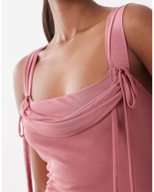 ASOS Pink Square Neck Cowl Maxi Dress With Tie Neck Detail
