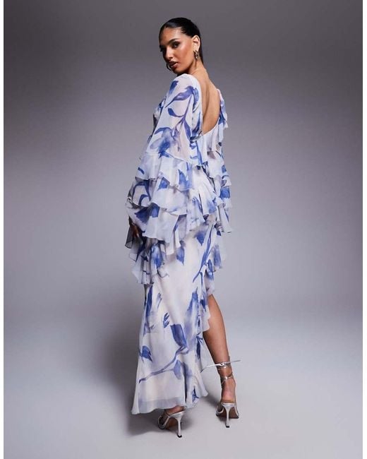 ASOS Blue Ruffle Bias Maxi Dress With Extreme Tiered Sleeve