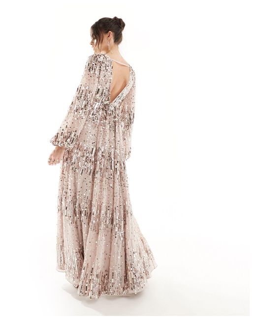 ASOS Natural Us Exclusive Embellished Scatter Sequin Plunge Maxi Dress With Balloon Sleeve