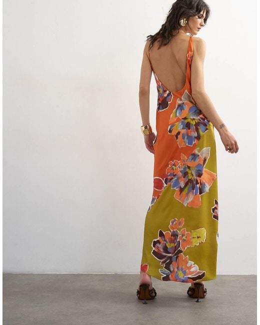 TOPSHOP Multicolor Satin Bias Halter Neck Open Scoop Back Maxi Dress