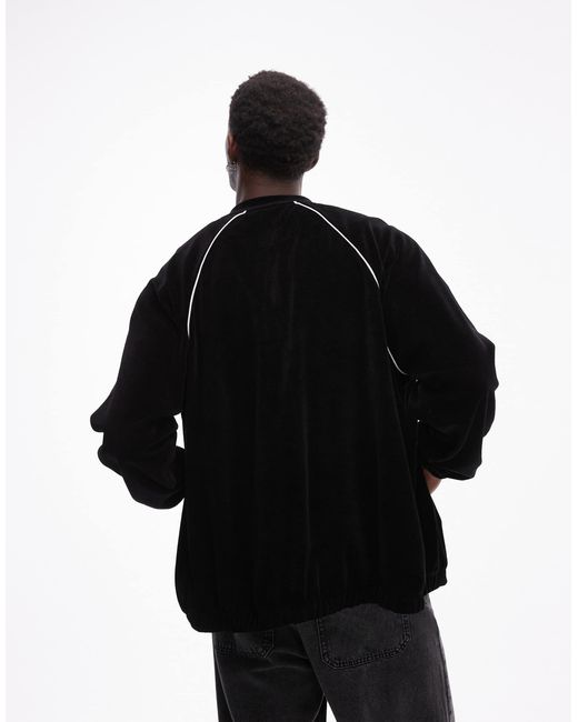 Topman Black Oversized Fit Velour Full Zip Through Sweat With Side Piping Detail for men