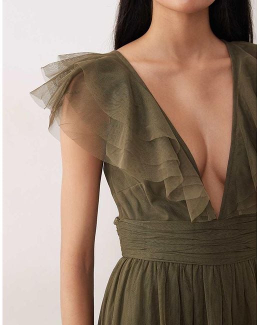 LACE & BEADS Natural Tulle Flutter Sleeve Tiered Frill Maxi Dress