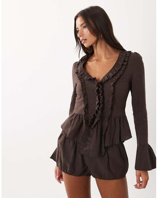 Lioness Brown Odette Linen Rich Bubble Bloomer Shorts Co-ord