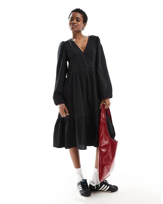 Monki Black Long Sleeve Wrap Midi Dress