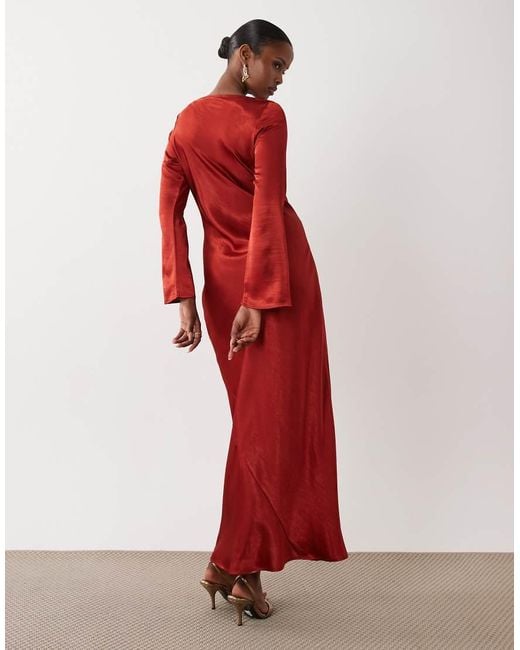 TFNC London Red Satin Fla Long Sleeve Maxi Dress