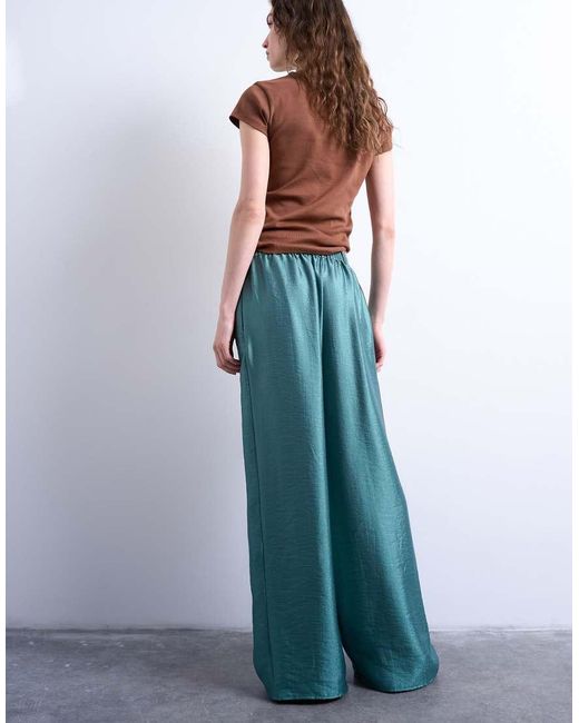 TOPSHOP Blue Textured Satin Low Rise Straight Leg Trouser