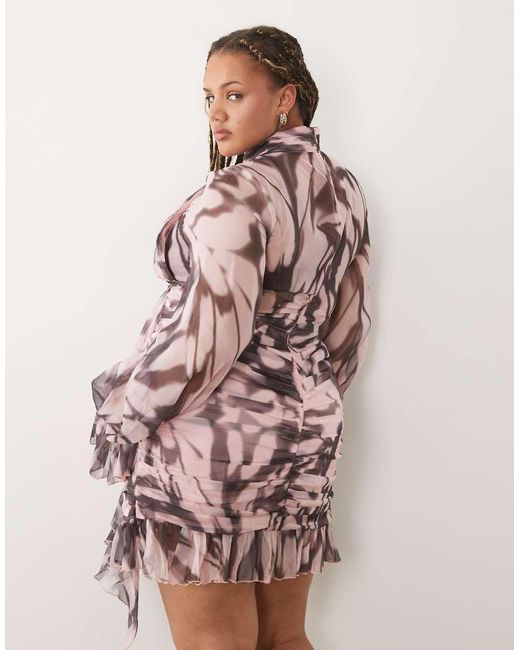 ASOS Brown Curve Printed Ruched Mini Dress With Ruched Skirt Detail