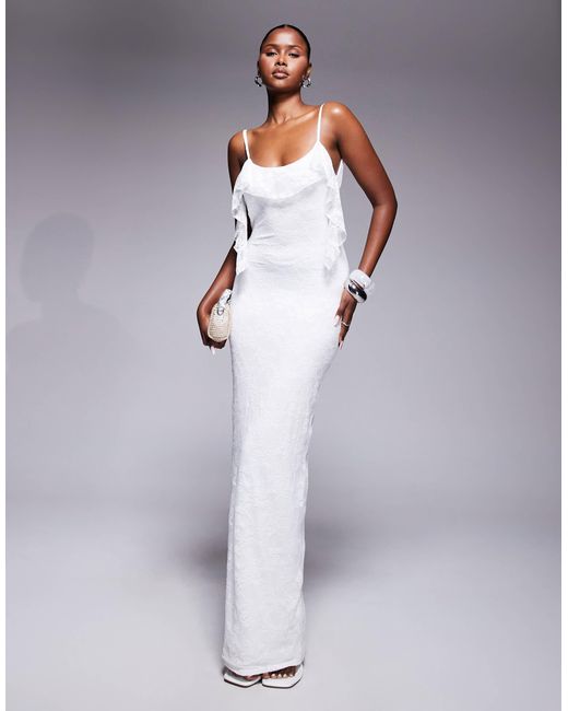 Kaiia White Exclusive Double Layered Slinky Lace Cami Ruffle Detail Cowl Back Maxi Dress