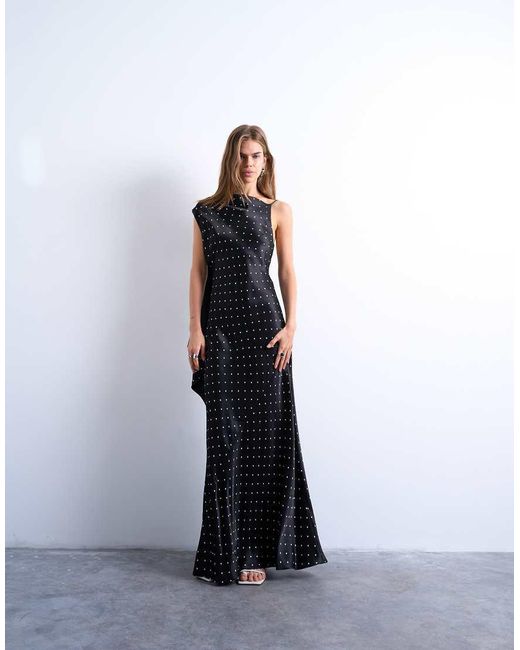 Vestido Midi Negro Con Lateral Fruncido, Detalle Drapeado En La Espalda Y Estampado De Lunares De TOPSHOP de color White