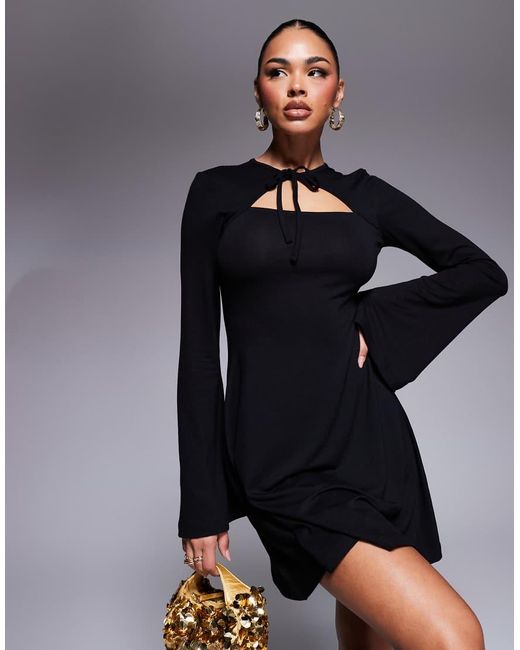 ASOS Black Tie Neck Cut Out Flippy Mini Dress