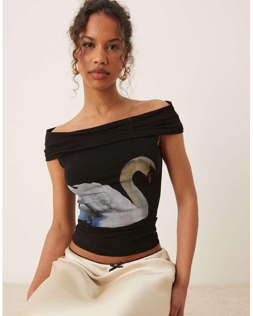 Tyler McGillivary Black Mila Off-shoulder Swan Print Tank Top