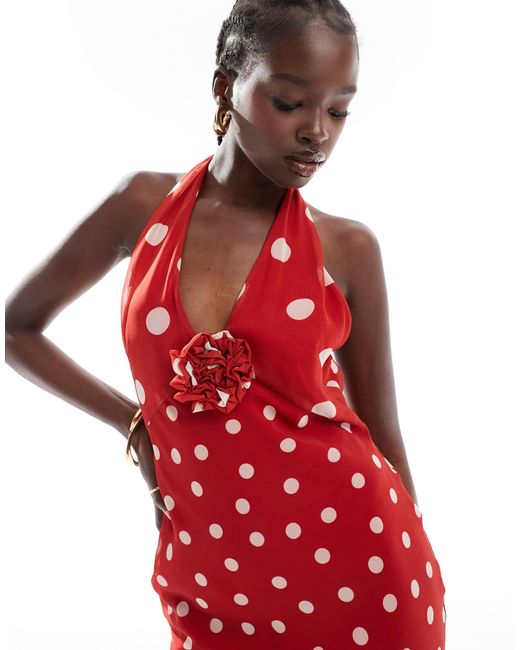 ASOS Chiffon Halter Maxi Dress With Corsage Detail in Red | Lyst