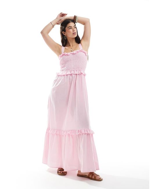 esmé studios Pink Esmee Exclusive Frill Ruched Maxi Tiered Beach Dress