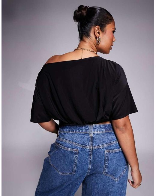 ASOS Black Asos Design Curve Asymmetric One Shoulder Short Sleeve Top With Cinch Waist Detail