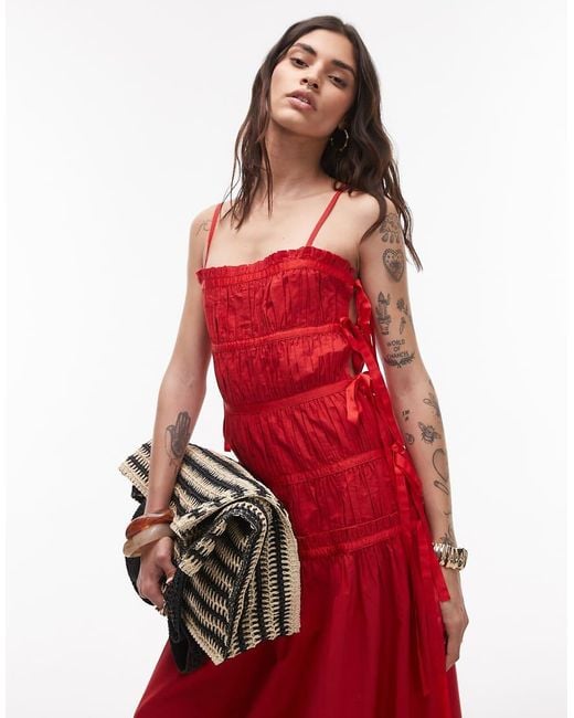 TOPSHOP Ruched Panel Midi Dress With Tie Sides in Red | Lyst UK