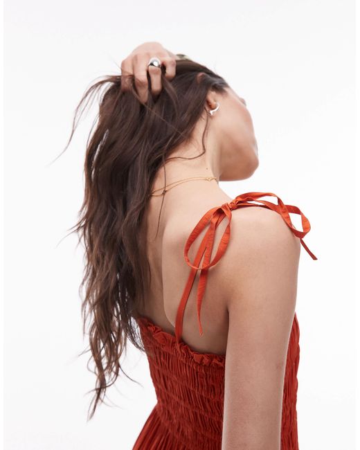 TOPSHOP Red Technical Crinkle Ruched Bust Midi Dress