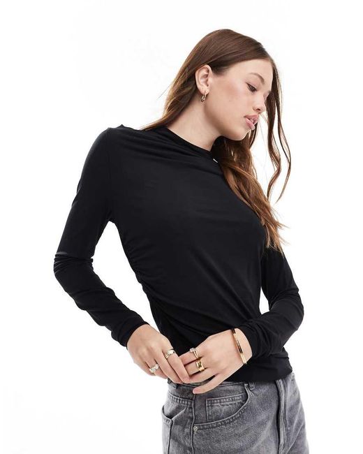 & Other Stories Black Long Sleeve Mock Neck Top With Ruche Detail