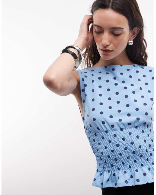 Collusion White Shirred Slash Neck Polkadot Top